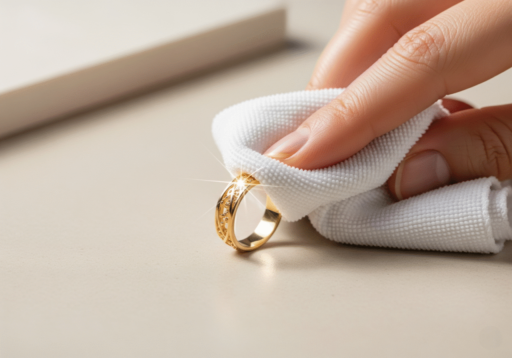 A close-up image of a hand gently cleaning a gold-plated ring with a white cloth, with a subtle sparkle on the cleaned part. The background is a clean, simple, light-colored surface. The image is realistic and high resolution.