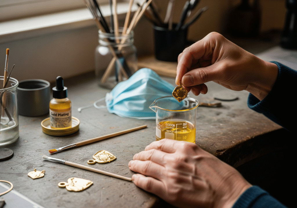 A close-up, high-resolution image of hands carefully immersing a small metal pendant into a beaker containing gold plating solution on a workbench. Various tools, such as small brushes, a protective mask, and a bottle of gold plating solution, are arranged around the beaker. The scene is lit by natural daylight, highlighting the details of the DIY gold plating process.