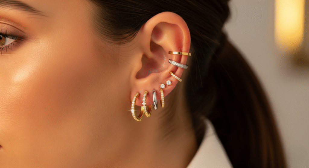 Close-up of a woman's ear adorned with a curated stack of multiple earrings in gold and silver tones, including hoops, studs, and cuffs, styled in a modern and elegant way against a soft, neutral background.