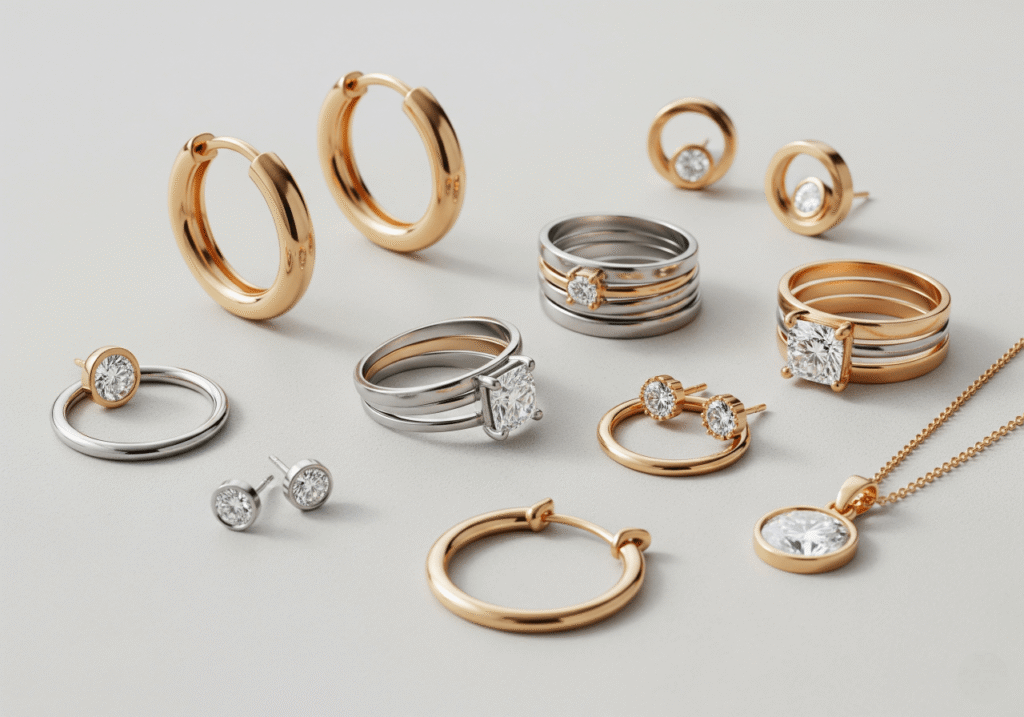 Flat lay of 2025 jewelry essentials, showcasing mixed metal pieces, minimalist styles, and lab-grown diamond accents on a neutral background.