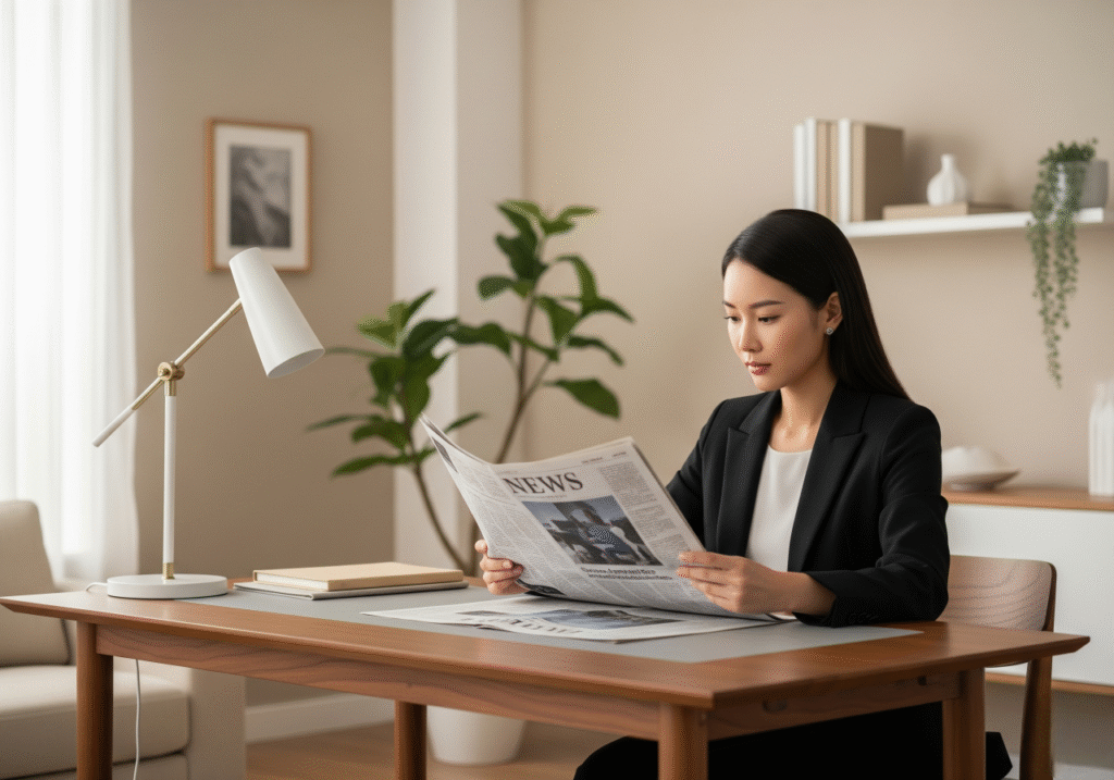 A sophisticated Asian woman with long, dark hair, wearing a tailored black blazer over a white top, is attentively reading a newspaper at a clean, modern wooden desk. A stylish white and gold lamp illuminates the newspaper, and a stack of neutral-toned books and a leafy green plant add to the elegant yet understated setting of a well-organized room with soft, natural light coming through a nearby window