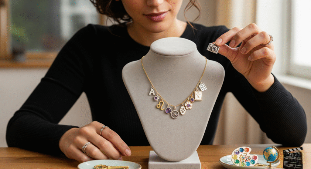 A woman is thoughtfully assembling a personalized charm necklace on a display stand. She holds a tiny camera charm, while the necklace already features various charms like zodiac signs, a paw print, and an initial. On the table, there are other small charms and a key, suggesting customization.