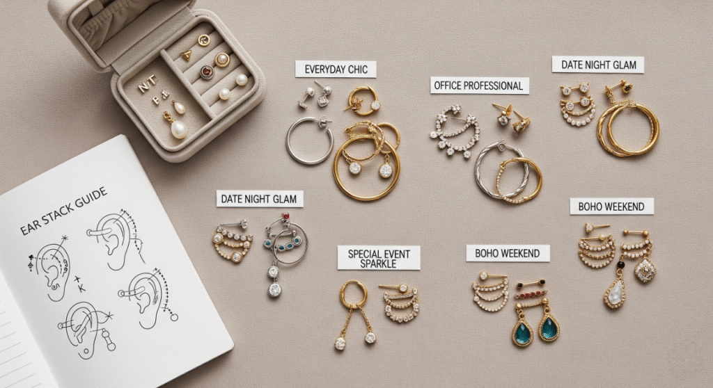 An overhead shot showcasing various earring styles and combinations for an "Ear Stack Guide." The image includes an open jewelry box with stud earrings, a notebook with ear piercing diagrams, and several curated sets of stacked earrings labeled for different occasions like "Everyday Chic," "Office Professional," "Date Night Glam," "Special Event Sparkle," and "Boho Weekend.