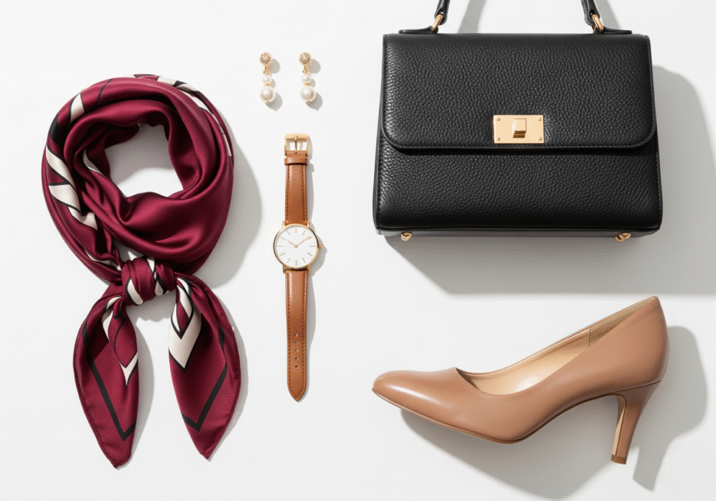 A curated collection of modern and versatile women's accessories, including a classic gold watch with a brown leather band, a minimalist black leather handbag, elegant pearl earrings, a stylish burgundy silk scarf, and chic nude-colored leather heeled pumps, all arranged aesthetically on a clean, off-white background.