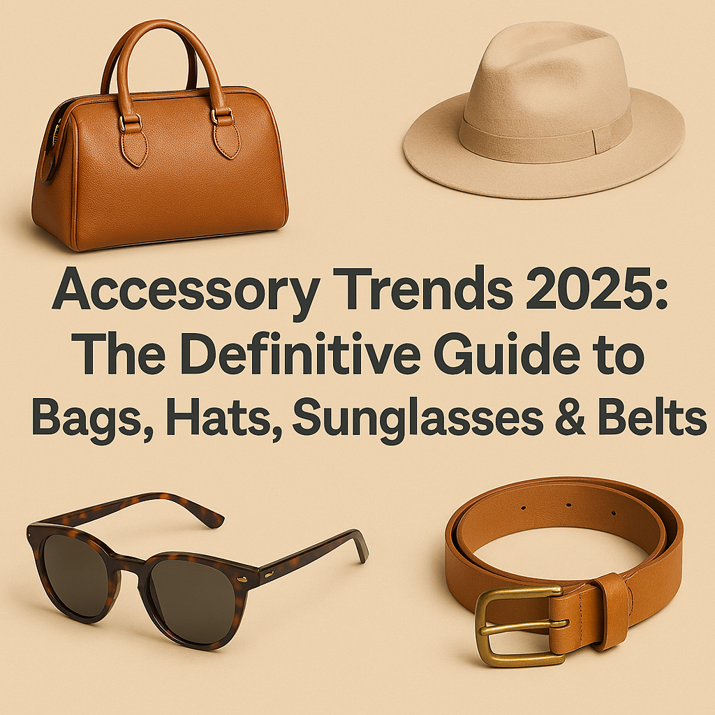 Stylish flat lay featuring a leather handbag, fedora hat, wayfarer sunglasses, and a coiled belt arranged around the centered title 'Accessory Trends 2025: The Definitive Guide to Bags, Hats, Sunglasses & Belts' on a warm beige background.