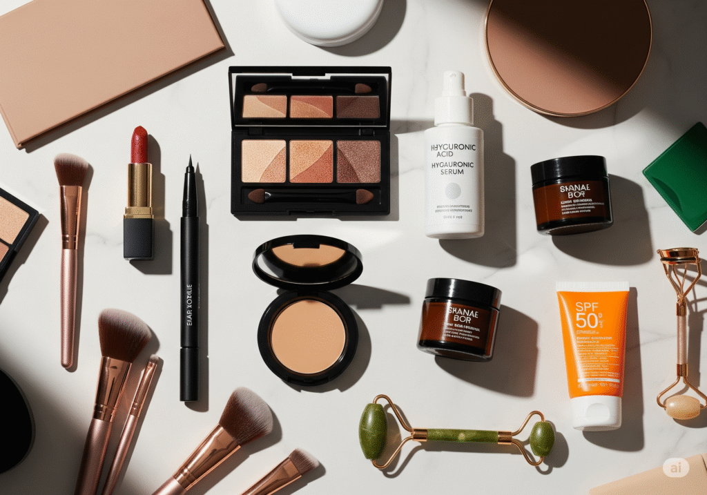 A high-fashion flat lay of various beauty products on a white marble surface, representing Decoding Glamour: An Expert Review of "Beauty Trends". The arrangement includes makeup items like a red lipstick and eyeshadow palette, skincare products such as a hyaluronic acid serum, and beauty tools like brushes and jade rollers. The dramatic studio lighting highlights the textures and colors of the products, conveying a sense of luxury and expert analysis. Keywords: Beauty Trends, Glamour, Maquiagem, Skincare, Expert Review, Flat Lay.