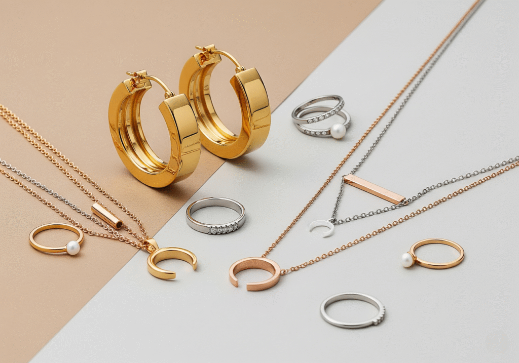 A stylish flat lay showcasing Modern Jewelry Trends for 2025. Bold gold hoop earrings are positioned at the top left, accompanied by Layered Necklaces in mixed metals (gold, silver, and rose gold) featuring geometric pendants and a pearl accent. Several Minimalist Rings in silver and gold, some with small diamonds or pearls, are scattered around the necklaces. The jewelry is elegantly arranged on a neutral background with beige and gray sections, illuminated with soft, fashion magazine-style lighting. Keywords: 2025 Jewelry Trends, Bold Earrings, Layered Necklaces, Mixed Metals, Minimalist Rings, Fashion Flat Lay.