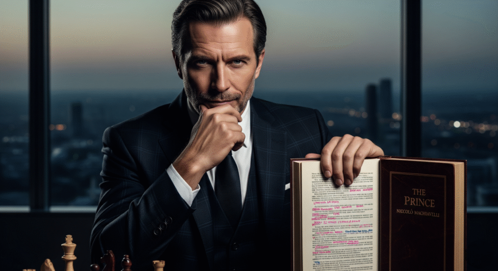 A sharply dressed man, possibly a modern leader, sits at a desk with a chess set in the foreground and a book titled 'The Prince' by Niccolò Machiavelli open in front of him. He is looking directly at the viewer with a thoughtful expression, his hand on his chin. The background shows a city skyline at dusk, visible through a large window, conveying a sense of power and contemplation