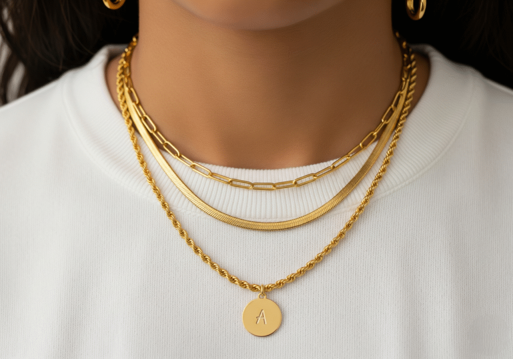 A close-up shot of a person wearing a Layered Chain Necklace in 18K gold. The necklace includes a 16-inch paperclip chain, an 18-inch square snake chain, and a 20-inch diamond-cut rope chain with a circular, detachable charm. The necklaces are worn over a simple white crew-neck knit, highlighting the texture and sparkle of the Technical Makeover Chains. Keywords: Layered Gold Chains, Chain Necklace, Modern Jewelry, Styling Tips.