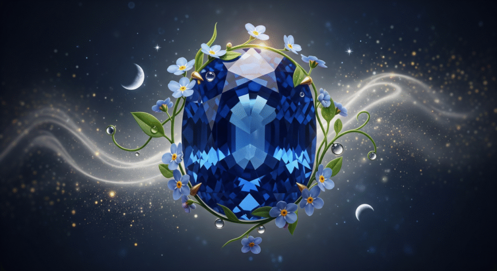 A stunning, multifaceted blue sapphire gemstone is at the center of the image, surrounded by delicate blue flowers and swirling, ethereal light. The background is a mysterious, dark blue, with celestial elements like a crescent moon, emphasizing the mystical and elegant nature of the September birthstone.