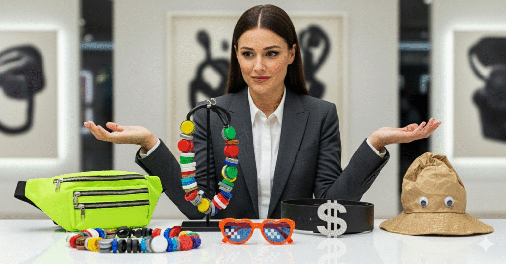 A female fashion professional with a look of disbelief and disdain, stands in a brightly lit room in front of a table displaying a variety of terrible accessories, including a neon fanny pack, a necklace made of bottle caps, and a belt with a large dollar sign buckle.