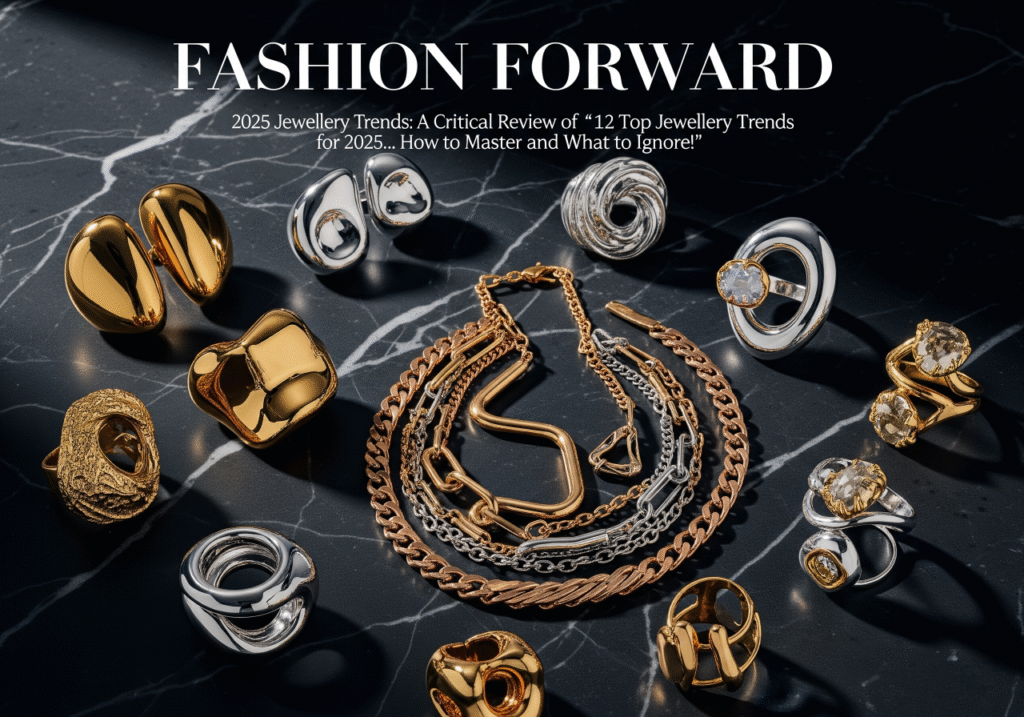 A high-fashion magazine cover flat lay showcasing 2025 Jewellery Trends. The image displays a collection of bold, sculptural rings and earrings in polished gold and silver, elegantly arranged on a dark marble background. At the center, Layered Necklaces of mixed metals are creatively intertwined. The magazine title, "FASHION FORWARD," and the article title, "2025 Jewellery Trends: A Critical Review of “12 Top Jewellery Trends for 2025… How to Master and What to Ignore!”", are prominently featured at the top. Keywords: 2025 Jewellery Trends, Mixed Metals, Sculptural Jewelry, Layered Necklaces, Flat Lay.