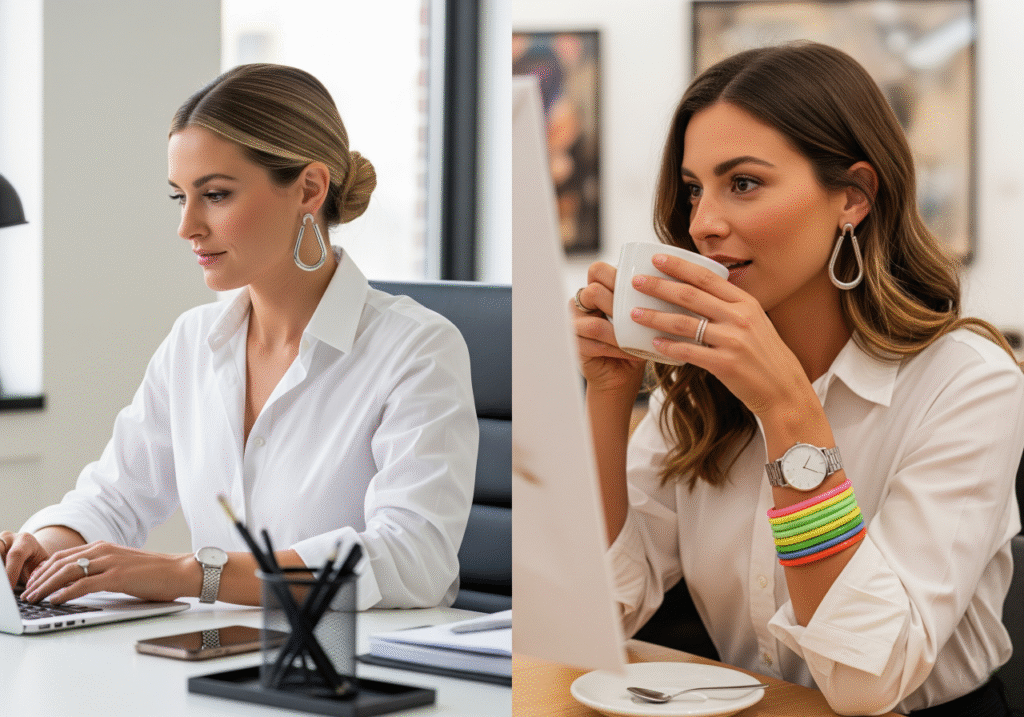 A split image demonstrating a jewelry styling transition from "Office to Off-Duty". The left side shows a person in a corporate setting wearing architectural silver hoop earrings, a slim silver signet ring, and a minimalist silver watch while working on a laptop. The right side shows the same person, now in a more casual setting, having swapped the watch for a stack of vibrant neon enamel bangles, while still wearing the hoop earrings and signet ring. This illustrates how to Seamlessly Integrate 2025 Jewelry Trends by making a simple accessory change to shift from a professional to a maximalist style. Keywords: Jewelry Styling, Office Jewelry, Casual Jewelry, 2025 Trends, Hoop Earrings, Enamel Bangles.