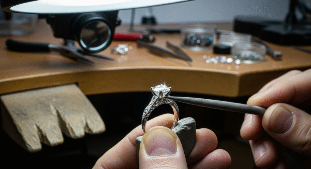 A close-up photograph of a jeweler's hands meticulously working on a ring with a sparkling lab-grown diamond in a modern, clean workshop.
