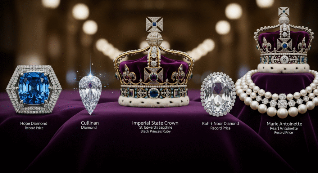 A breathtaking display of five famous royal jewels on a purple velvet cloth, each labeled with its name. From left to right: The Hope Diamond, the Cullinan Diamond, the Imperial State Crown, the Koh-i-Noor Diamond, and the Marie Antoinette Pearl Necklace. The jewels are sparkling against a blurred, opulent background.
