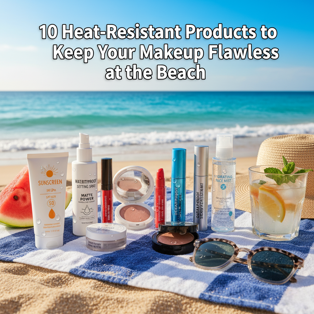 A flat lay on a blue and white striped towel on a sandy beach, featuring a collection of ten heat-resistant makeup and skincare products. The products include sunscreen, waterproof setting spray, matte foundation, blush, lipstick, waterproof mascara, hydrating face mist, and a setting powder, all designed to keep makeup flawless in hot weather. A slice of watermelon, a straw hat, and a refreshing drink with mint and lemon are also visible on the towel. The ocean and clear sky are in the background. The image prominently displays the title '10 Heat-Resistant Products to Keep Your Makeup Flawless at the Beach' in white text.