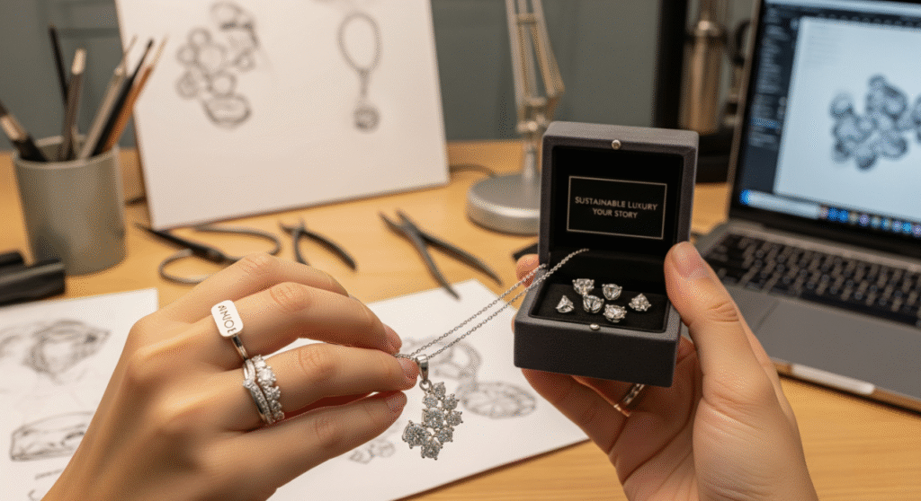 A close-up of a person's hands holding a silver necklace with a cluster of lab-grown diamonds and a small, open jewelry box containing several loose lab-grown diamonds. The box's lid reads "SUSTAINABLE LUXURY YOUR STORY." In the background, there's a design workspace with jewelry sketches, tools, and a laptop displaying diamond designs, emphasizing the personalized and sustainable aspect of these gems.