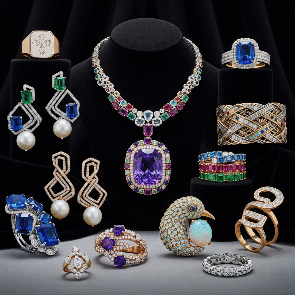 A stunning variety of award-winning jewelry, including a showy necklace with a large central amethyst stone and various colorful gemstones, dangling earrings with emeralds and pearls, rings set with sapphires and opals, and intricate gold bracelets, all elegantly displayed on a black background, highlighting the brilliance and vibrant colors.