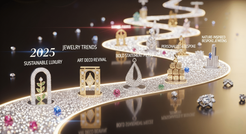 A stylized, glittering roadmap made of diamonds shows a winding path with various jewelry pieces and trend labels for "2025 Jewelry Trends," including "Sustainable Luxury," "Art Deco Revival," "Bold Statement Pieces," "Personalized & Bespoke Jewelry," and "Nature-Inspired Bespoke Jewels." The overall impression is elegant and forward-looking.