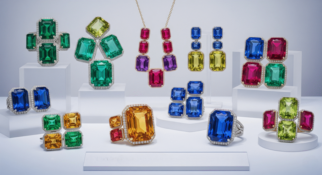 A vibrant display of various jewelry pieces featuring large, colorful gemstones in bold hues, including rings, earrings, and necklaces. The gems come in shades of green, blue, yellow, pink, and purple, set in intricate designs and arranged on white pedestals
