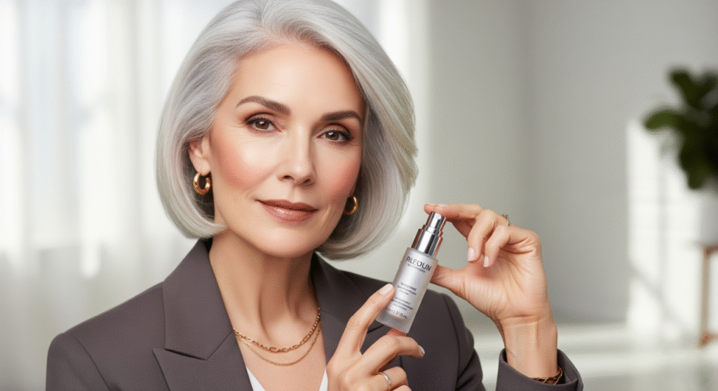 A radiant woman over 50 with elegant silver hair, wearing a sophisticated grey blazer and gold jewelry, holds up a bottle of anti-aging serum. She looks directly at the viewer with a confident and serene expression, embodying modern beauty and wellness.