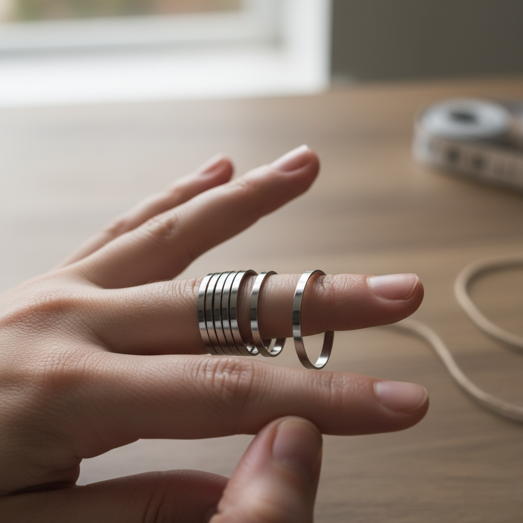 A close-up, realistic shot of a person's hand with various silver ring sizers on their finger, illustrating the process of finding the correct ring size. The hand is positioned over a light wooden table, with natural light coming from a window in the blurred background. The image is clean and focused on the measurement process, ideal for a guide on ring sizing.