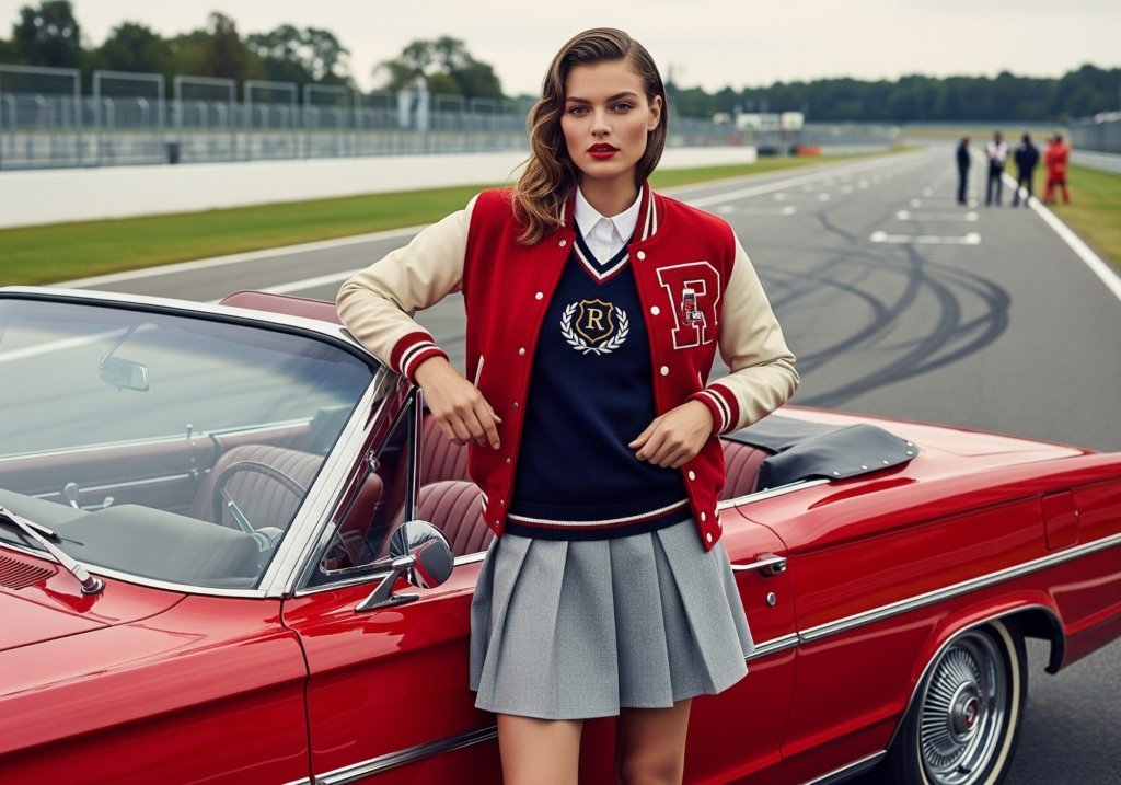 A chic female model exudes preppy American college style mixed with vintage motorsport aesthetics. She stands confidently beside a glossy red vintage convertible on a racetrack. She wears a cream and red varsity jacket, a dark blue crest sweater over a white collared shirt, and a grey pleated skirt. The professional magazine-quality lighting emphasizes her bold, neutral-toned outfit and the sleek lines of the car.
