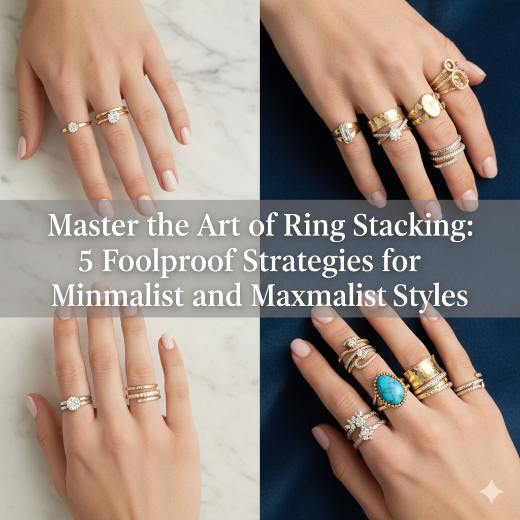 A grid of four close-up photos showcasing various ring stacking styles on female hands. The top-left image features a minimalist stack with delicate gold rings and a diamond solitaire. The top-right shows a maximalist stack with bold, wide gold bands and various gemstone rings. The bottom-left displays a modern minimalist stack with thin diamond eternity bands. The bottom-right presents another maximalist look with intricate gold and diamond rings, including a prominent turquoise stone. The overlaying text reads: 'Master the Art of Ring Stacking: 5 Foolproof Strategies for Minimalist and Maximalist Styles