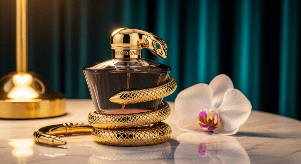 A luxurious bottle of Roberto Cavalli Serpentine perfume takes center stage, featuring a sleek dark glass bottle with a golden snake head as the cap, adorned with green eyes. A textured golden snake bracelet coils around the bottle, with part of it detached and lying beside it. A delicate white orchid and a golden lamp are in the softly lit background, hinting at elegance and mystique.