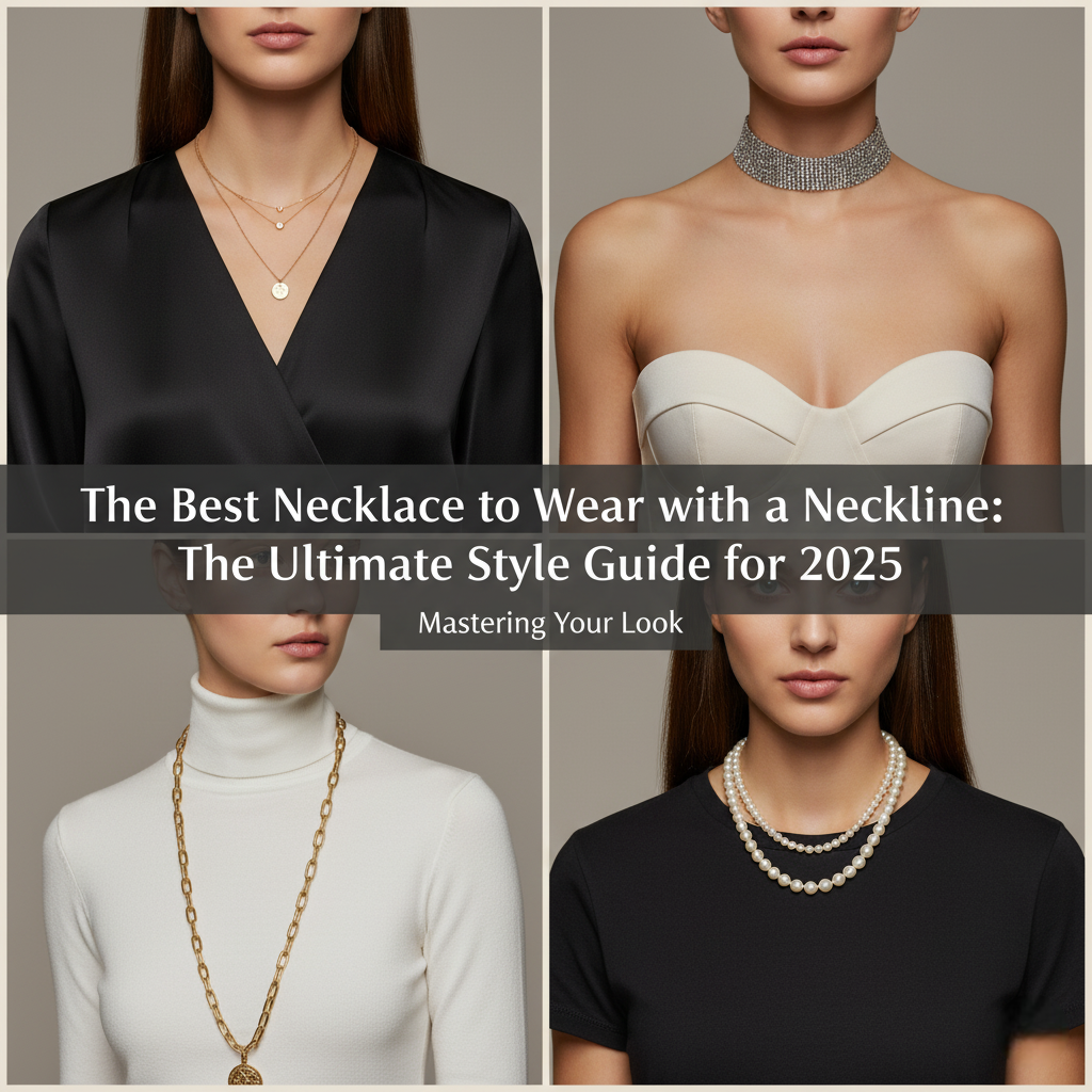 A four-panel grid showcasing different necklaces paired with various necklines on models. Top-left: A woman wearing a black V-neck top with delicate layered gold necklaces. Top-right: A woman in a white strapless top with a sparkling silver choker necklace. Bottom-left: A woman in a white turtleneck sweater with a long, chunky gold chain necklace featuring a medallion. Bottom-right: A woman in a black crew-neck top with elegant layered pearl necklaces. The image is overlaid with the title 'The Best Necklace to Wear with a Neckline: The Ultimate Style Guide for 2025' and the subtitle 'Mastering Your Look'.