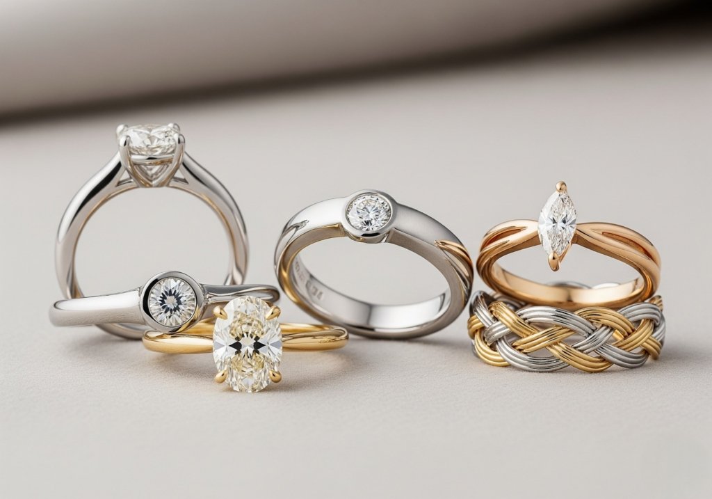 A stylish collection of elegant wedding rings displayed on a soft, neutral background. The rings showcase various designs including bezel, flush, oval, marquise, and braided patterns, crafted in platinum, white gold, yellow gold, and rose gold. Professional lighting highlights their modern, minimal, and clean aesthetic.