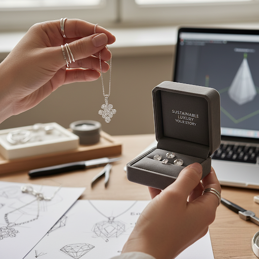 A close-up of a person's hands holding a silver necklace with a cluster of lab-grown diamonds and a small, open jewelry box containing several loose lab-grown diamonds. The box's lid reads "SUSTAINABLE LUXURY YOUR STORY." In the background, there's a design workspace with jewelry sketches, tools, and a laptop displaying diamond designs, emphasizing the personalized and sustainable aspect of these gems.