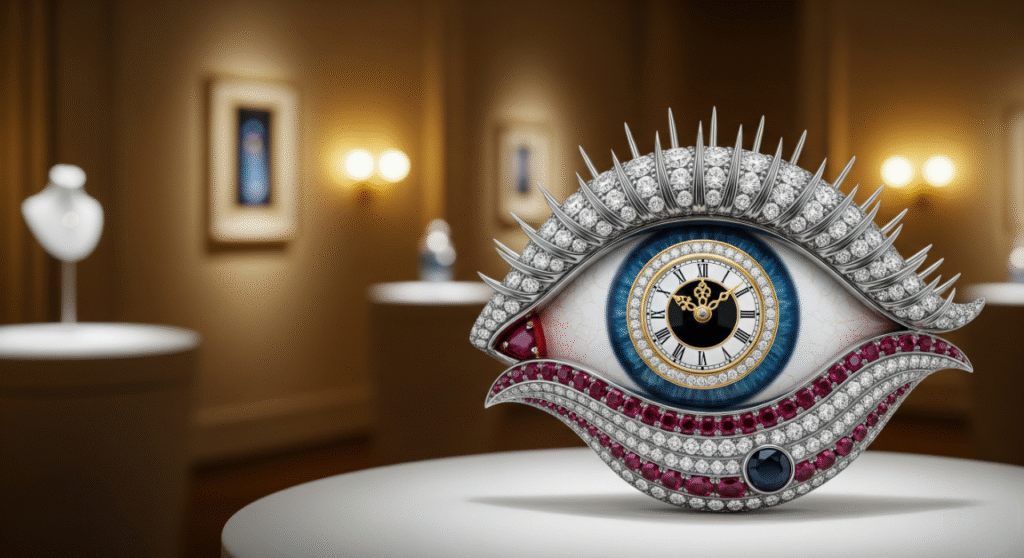 Surrealist-inspired jewelry display featuring Salvador Dalí’s Eye of Time brooch with 