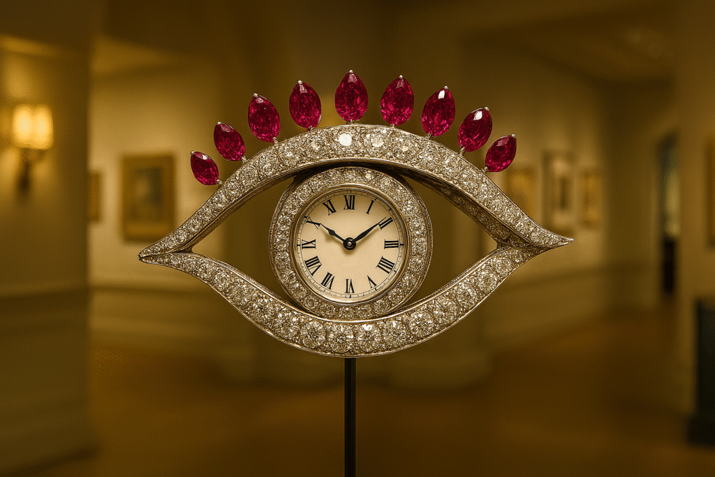 Surrealist-inspired jewelry display featuring Salvador Dalí’s Eye of Time brooch with diamonds, rubies, and platinum in a London gallery.
