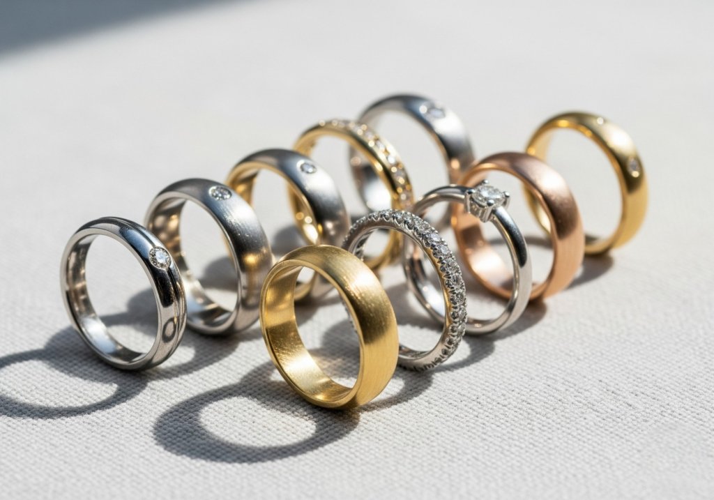 A sophisticated array of elegant wedding rings, showcasing a variety of metals including platinum, white gold, yellow gold, and rose gold. Each band features subtle diamond accents. The rings are arranged diagonally on a soft, neutral textured background with bright natural lighting, creating a clean and minimalist look suitable for a blog feature