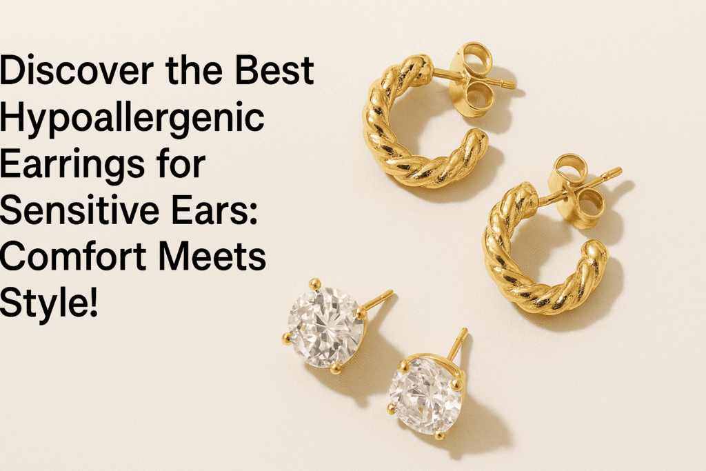 A close-up image showcasing elegant hypoallergenic earrings made for sensitive ears, featuring minimalist gold and silver designs that combine comfort and style.