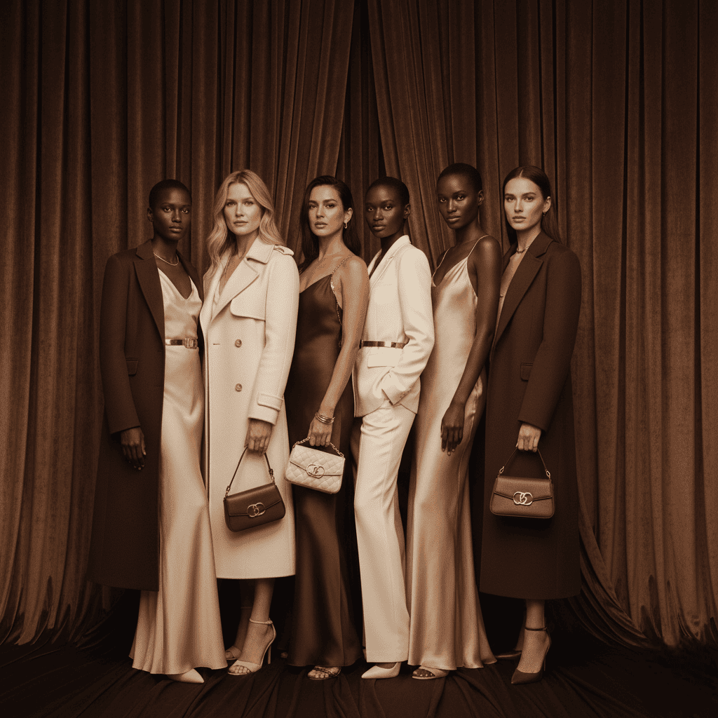 Five supermodels pose in Donna Karan’s Fall 2025 campaign, celebrating the brand’s 40th anniversary with elegant gold lighting, velvet backdrop, and sophisticated “quiet luxury” fashion in cream, brown, and metallic tones.