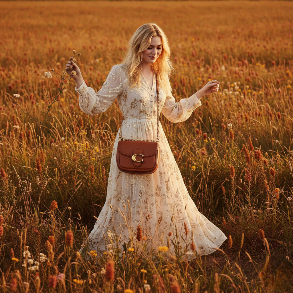Elle Fanning in Coach’s Fall 2025 ‘Revive Your Courage’ campaign, holding the iconic Tabby bag in a sunlit field with earthy tones and metallic accents