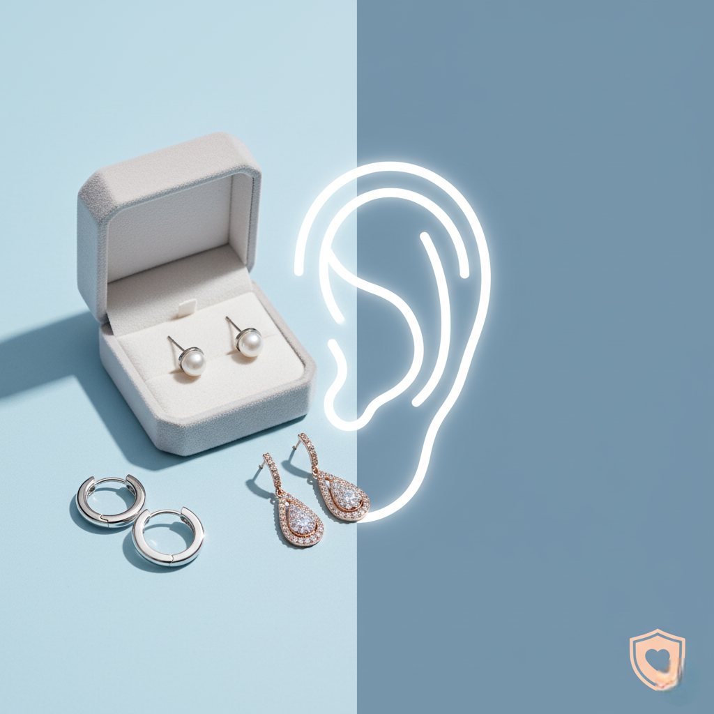 A collection of stylish hypoallergenic earrings, including silver-toned pearl studs, small silver hoops, and two pairs of dangling rose-gold-toned earrings with cubic zirconia, displayed in an open jewelry box with a subtle, neon-lit ear outline in the background, symbolizing safety and comfort for sensitive ears.