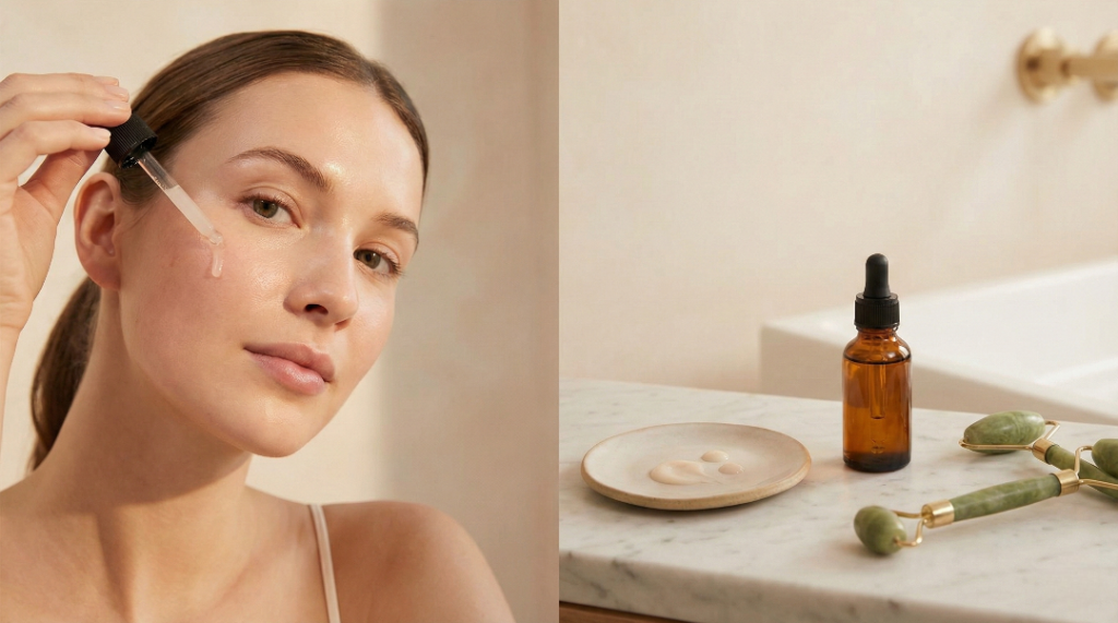 A split image showing a woman with glowing skin applying a retinol serum dropper to her face, alongside a flat lay of an amber glass bottle and a green jade roller on a marble surface, illustrating an effective anti-aging skincare routine.