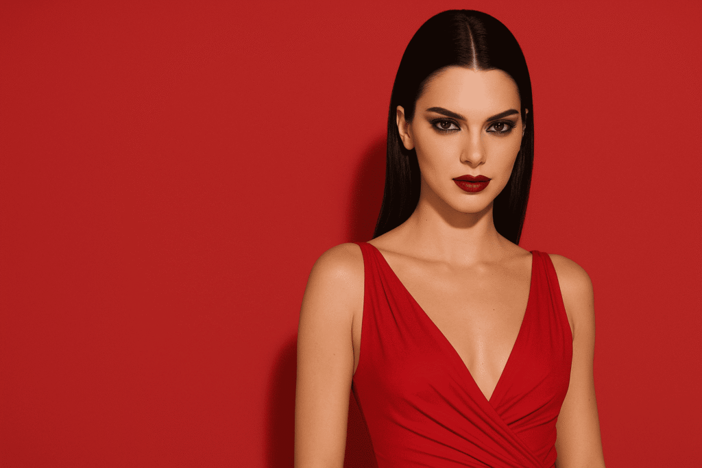 Kendall Jenner poses in a high-fashion Mugler-inspired makeup campaign for L’Oréal Paris, showcasing bold eye makeup, flawless skin, and avant-garde styling in a cinematic setting.