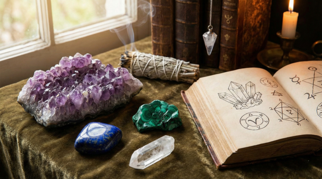 A spiritual still life arranged by a window on a green velvet cloth, featuring a large purple amethyst cluster, polished blue lapis lazuli, green malachite, and a clear quartz point. Next to the gemstones is an open antique book showing hand-drawn crystal illustrations and alchemical symbols, alongside smoking white sage, a hanging crystal pendulum, and a lit candle, creating a mystical altar scene.