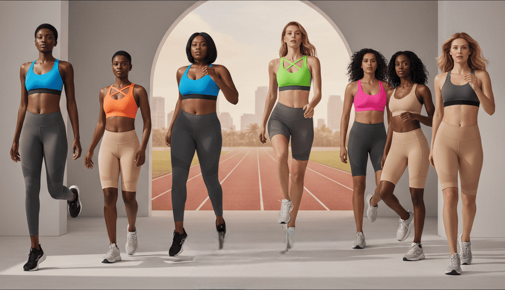 Diverse group of women wearing Victoria’s Secret VSX 2025 sports bras in bold and neutral colors, showcasing inclusive sizes and performance-driven design in a professional campaign setting