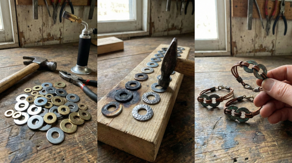 Hardware Washers Become Antiqued Bracelets in Step-by-Step Jewelry Guide