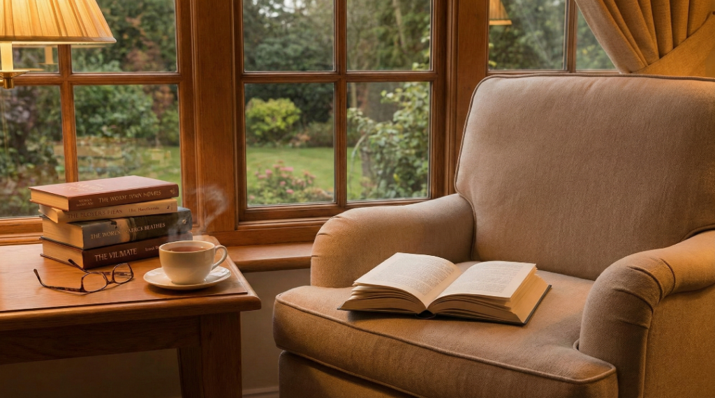 A warm, inviting reading nook by a large window overlooking a garden. A plush armchair with an open book sits next to a wooden table holding a steaming cup of tea, reading glasses, and a stack of books under a lit lamp.