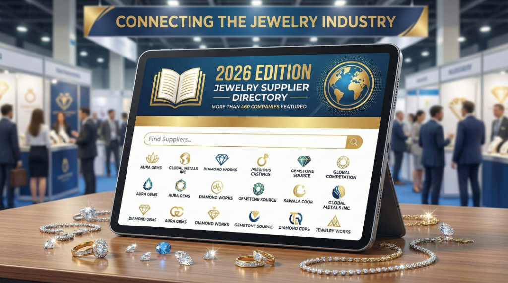 A tablet displays the digital interface for the "2026 EDITION JEWELRY SUPPLIER DIRECTORY," stating "MORE THAN 460 COMPANIES FEATURED" with a search bar and various supplier logos like Aura Gems and Diamond Works. The device rests on a wooden table surrounded by luxury diamond rings, gold necklaces, and loose gems, against a backdrop of a busy jewelry trade show convention floor with a banner that reads "CONNECTING THE JEWELRY INDUSTRY.