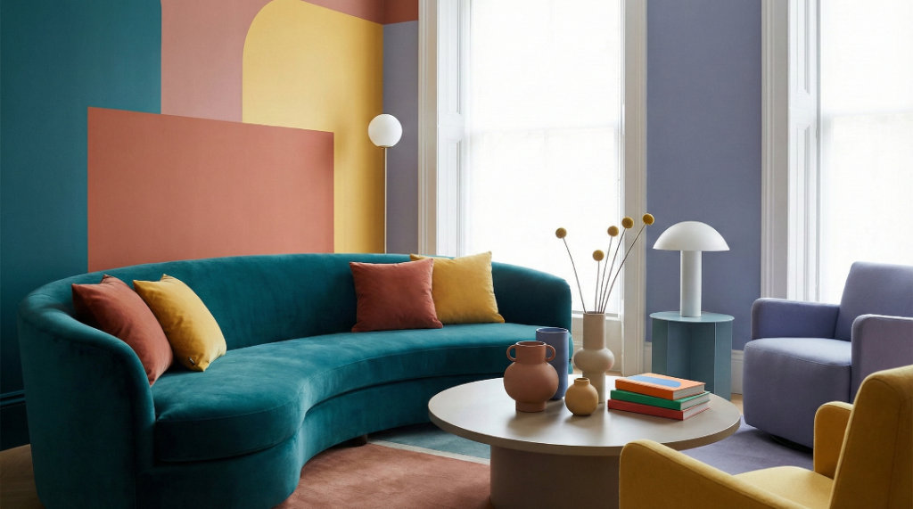 A modern living room featuring a curved teal velvet sofa with terracotta and yellow pillows, set against a color-blocked wall of deep teal, muted terracotta, sunny yellow, and soft lavender. A round coffee table with ceramic vases and books sits in the center, next to purple and yellow armchairs, showcasing vibrant color trends for 2026.