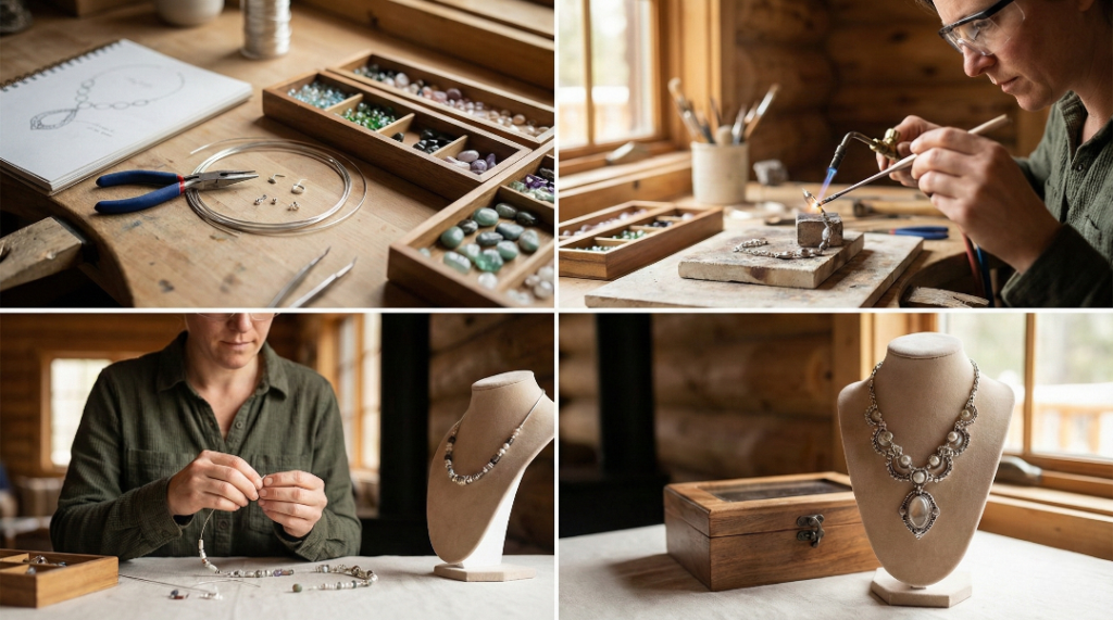 A four-panel collage showing a step-by-step jewelry crafting tutorial. The top-left photo displays a workbench with pliers, wire, beads in wooden trays, and a sketchbook with a necklace design. The top-right photo shows a person in safety glasses using a handheld torch to solder a metal piece on a soldering block. The bottom-left photo shows a person stringing beads onto a wire, with a partially finished necklace on a mannequin. The bottom-right photo presents the completed, ornate silver necklace with beads on a beige bust, next to a wooden box, showcasing the final result of the handmade occasion necklace tutorial.