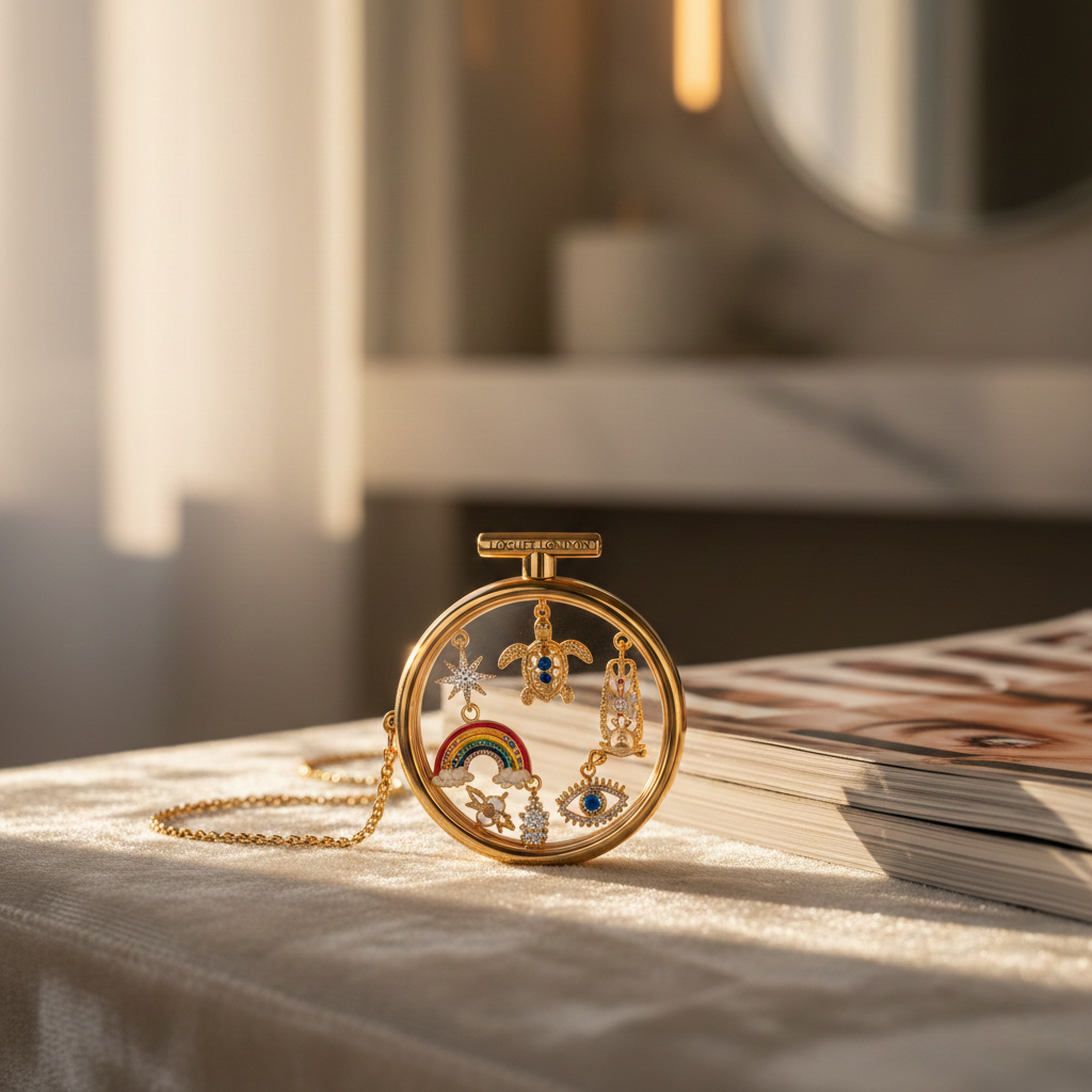 Handcrafted 18k gold Loquet London locket featuring symbolic charms like the North Star, Rainbow, and Sea Turtle, resting on a luxury velvet surface next to a fashion magazine.