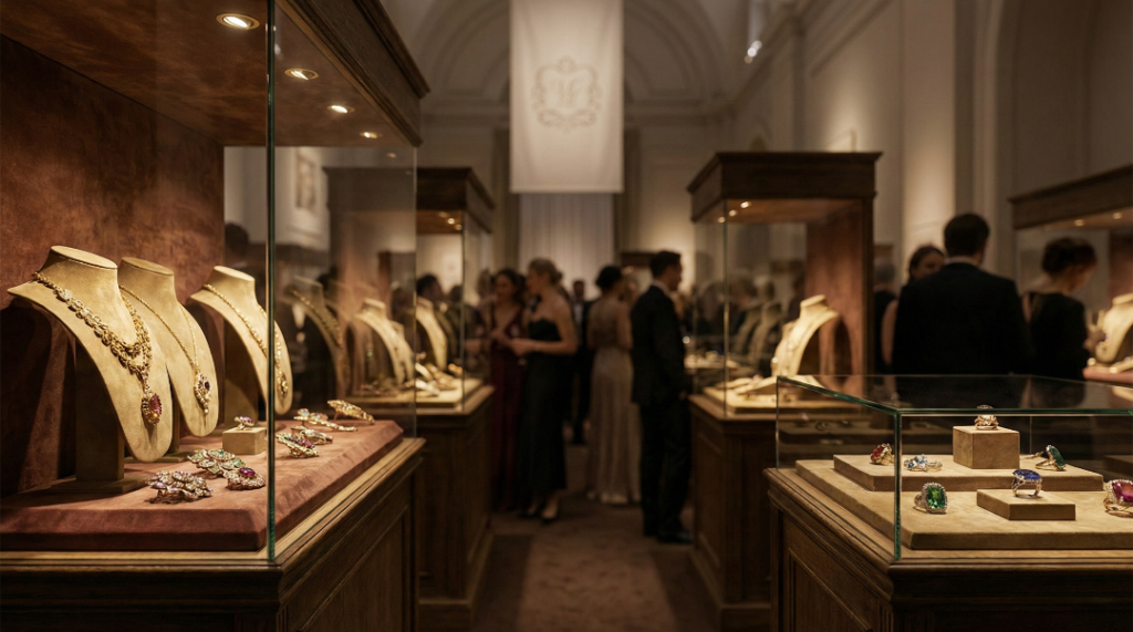 A wide-angle landscape photograph of a luxurious, warmly lit exhibition hall during the NYCJAOS Autumn 2025 show. In the foreground, opulent glass display cases placed on wooden stands hold rare antique jewelry, including elaborate gold necklaces with colored gemstones on busts and various gem-studded rings and brooches on velvet pads. In the softly blurred background, well-dressed attendees mingle and converse between rows of similar display cases, under a high ceiling with a hanging banner. The image captures the exclusive atmosphere of the rare jewelry event.